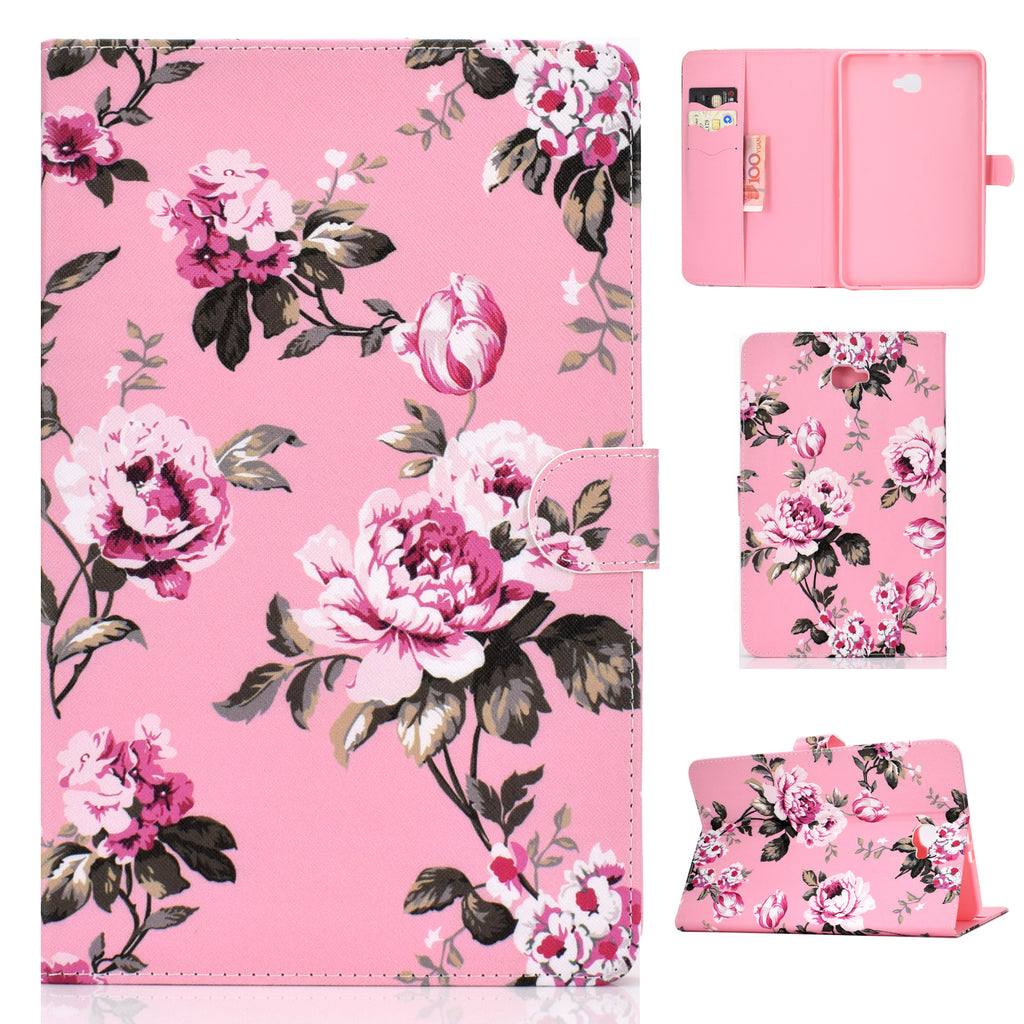 For Samsung T580 PU Laptop Protective Case with Front Snap Color Painted Smart Stay Cover Pink flower