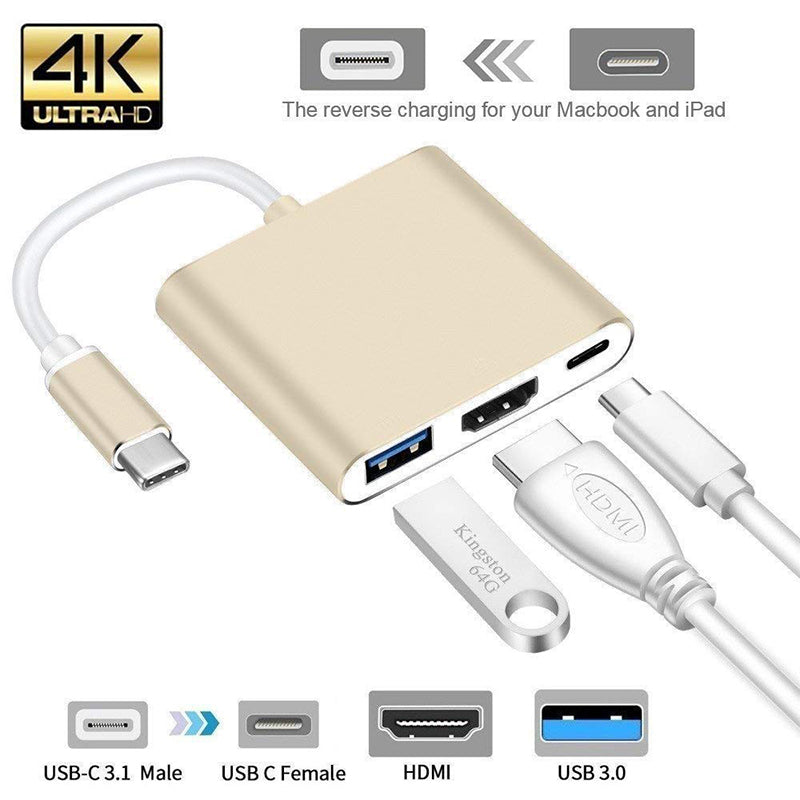 USB Type C Hub HDMI 4K Adapter USB-C to Converter with 3.0 USB and 3.1 Charging Port for Retina MacBook Gold