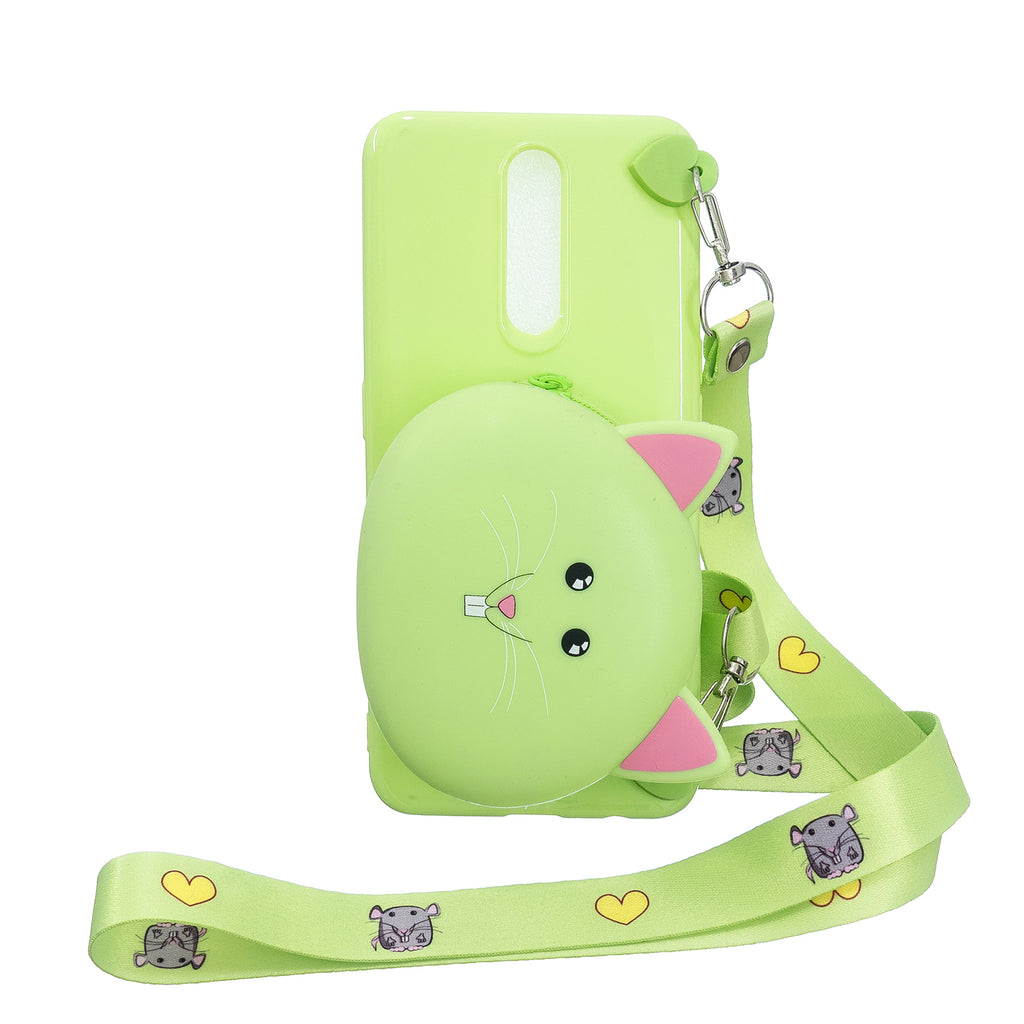 For OPPO F11/F11 Pro Cellphone Case Mobile Phone TPU Shell Shockproof Cover with Cartoon Cat Pig Panda Coin Purse Lovely Shoulder Starp Green