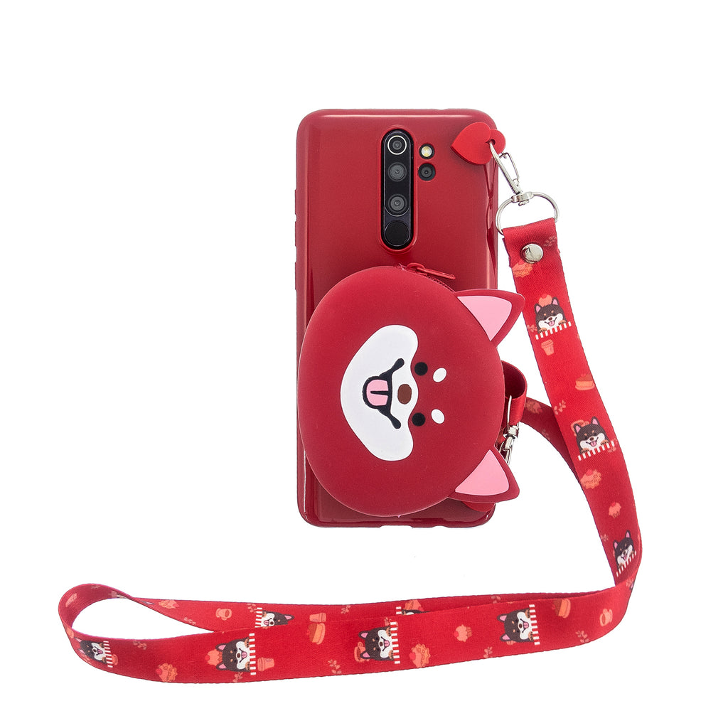 For Redmi Note 8/8T/8 Pro Cellphone Case Mobile Phone Shell Shockproof TPU Cover with Cartoon Cat Pig Panda Coin Purse Lovely Shoulder Starp Red