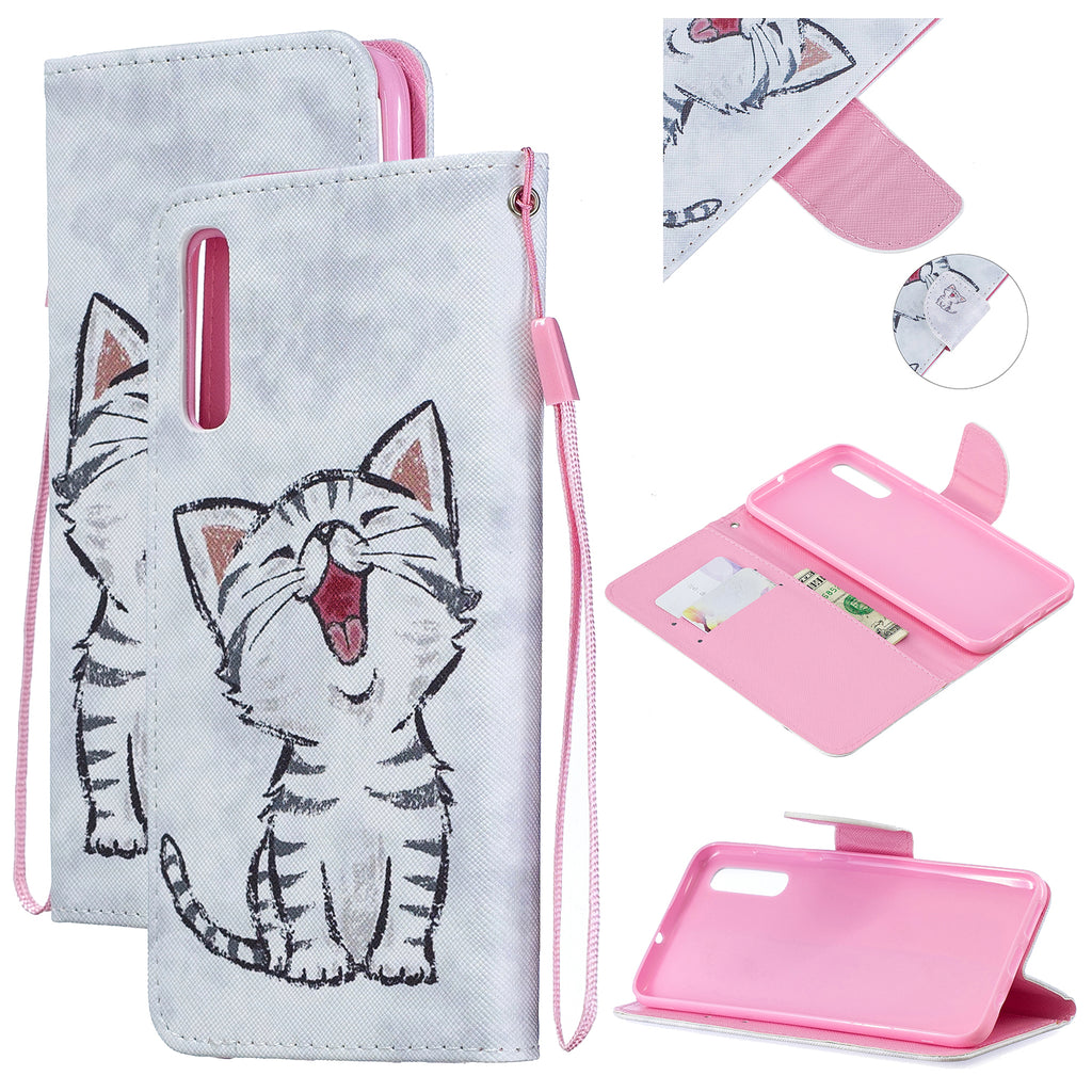 For Samsung A50/A70 Smartphone Case Overall Protective Phone Shell Lovely PU Leather Cellphone Cover with Card Slots Red lip cat