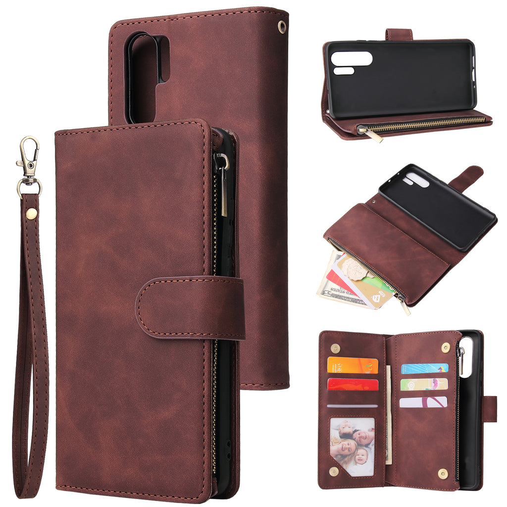 For HUAWEI P30 HUAWEI P30 lite HUAWEI P30 pro Multi-card Bracket Coin Wallet Zipper Mobile Phone PU Leather Phone Case 3 brown
