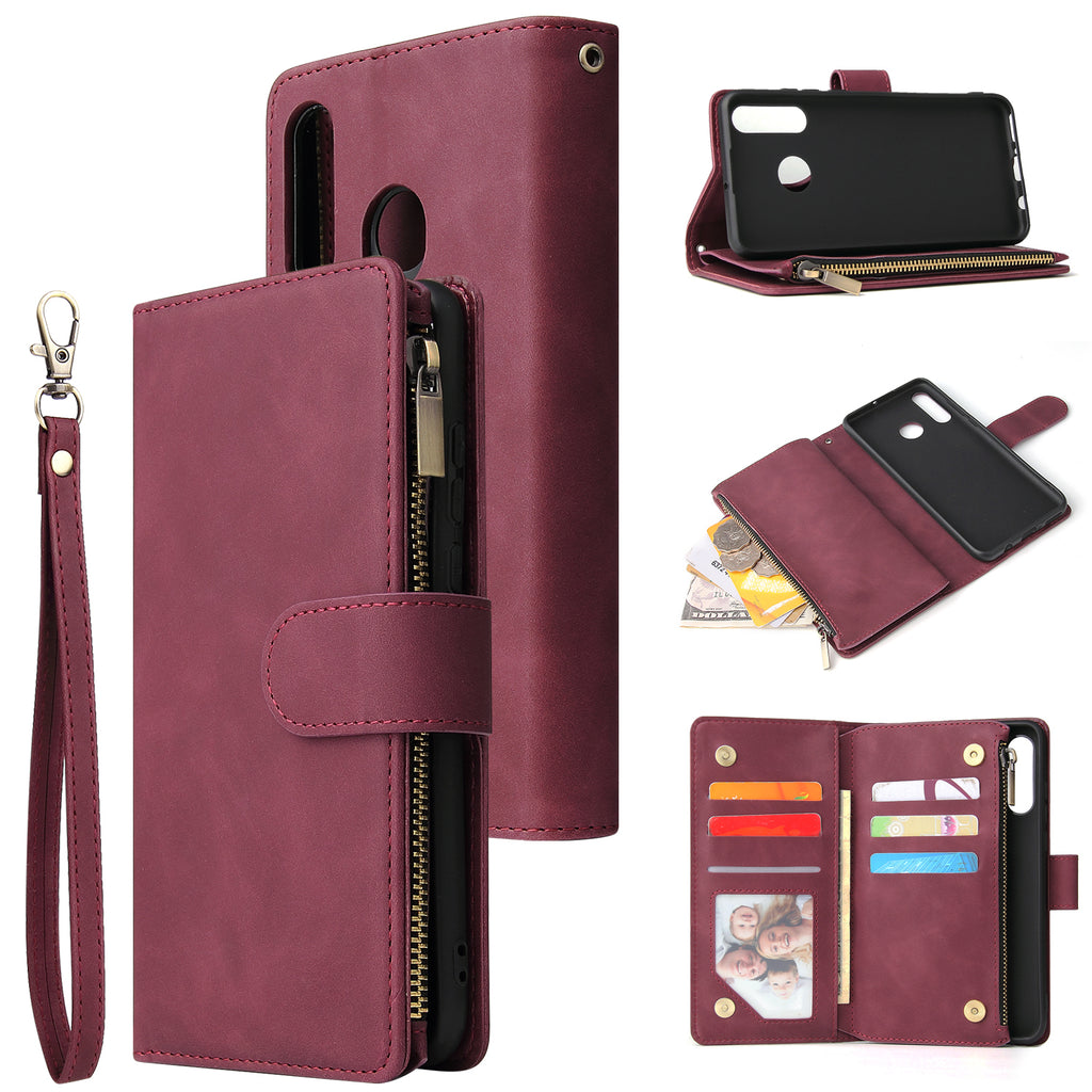 For HUAWEI P30 HUAWEI P30 lite HUAWEI P30 pro Multi-card Bracket Coin Wallet Zipper Mobile Phone PU Leather Phone Case 5 wine red