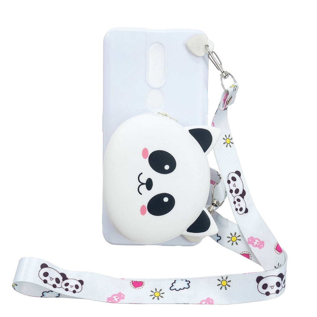 For OPPO F11/F11 Pro Cellphone Case Mobile Phone TPU Shell Shockproof Cover with Cartoon Cat Pig Panda Coin Purse Lovely Shoulder Starp White