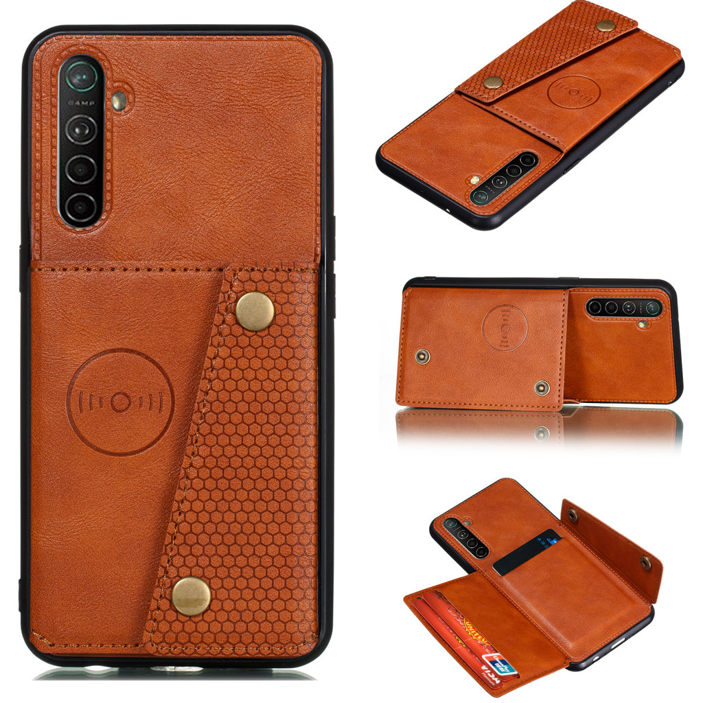 For OPPO A9 2020/Realme XT/Reno 2 Mobile Phone Shell Classic Textured Pattern Buckle Closure Design Anti-fall Smartphone Case brown