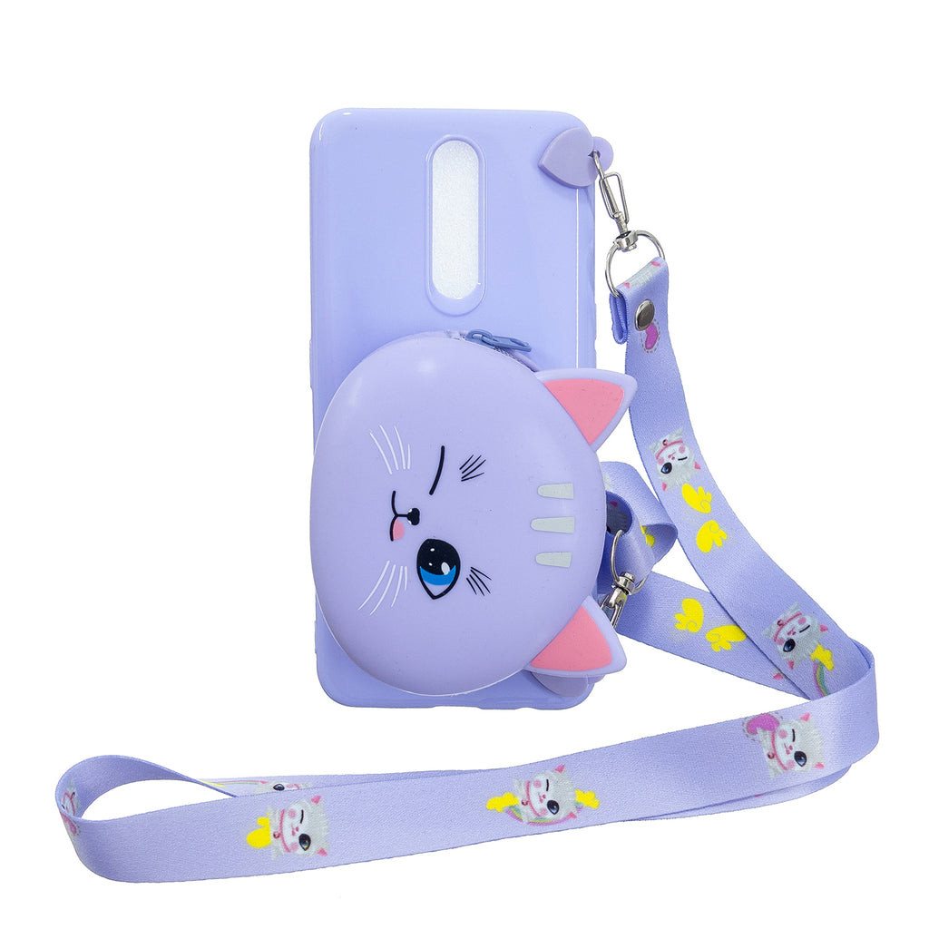 For OPPO F11/F11 Pro Cellphone Case Mobile Phone TPU Shell Shockproof Cover with Cartoon Cat Pig Panda Coin Purse Lovely Shoulder Starp Purple
