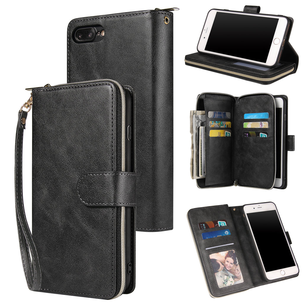For Iphone 6/6s/6 Plus/6s Plus/7 Plus/8 Plus Pu Leather Mobile Phone Cover Zipper Card Bag + Wrist Strap black