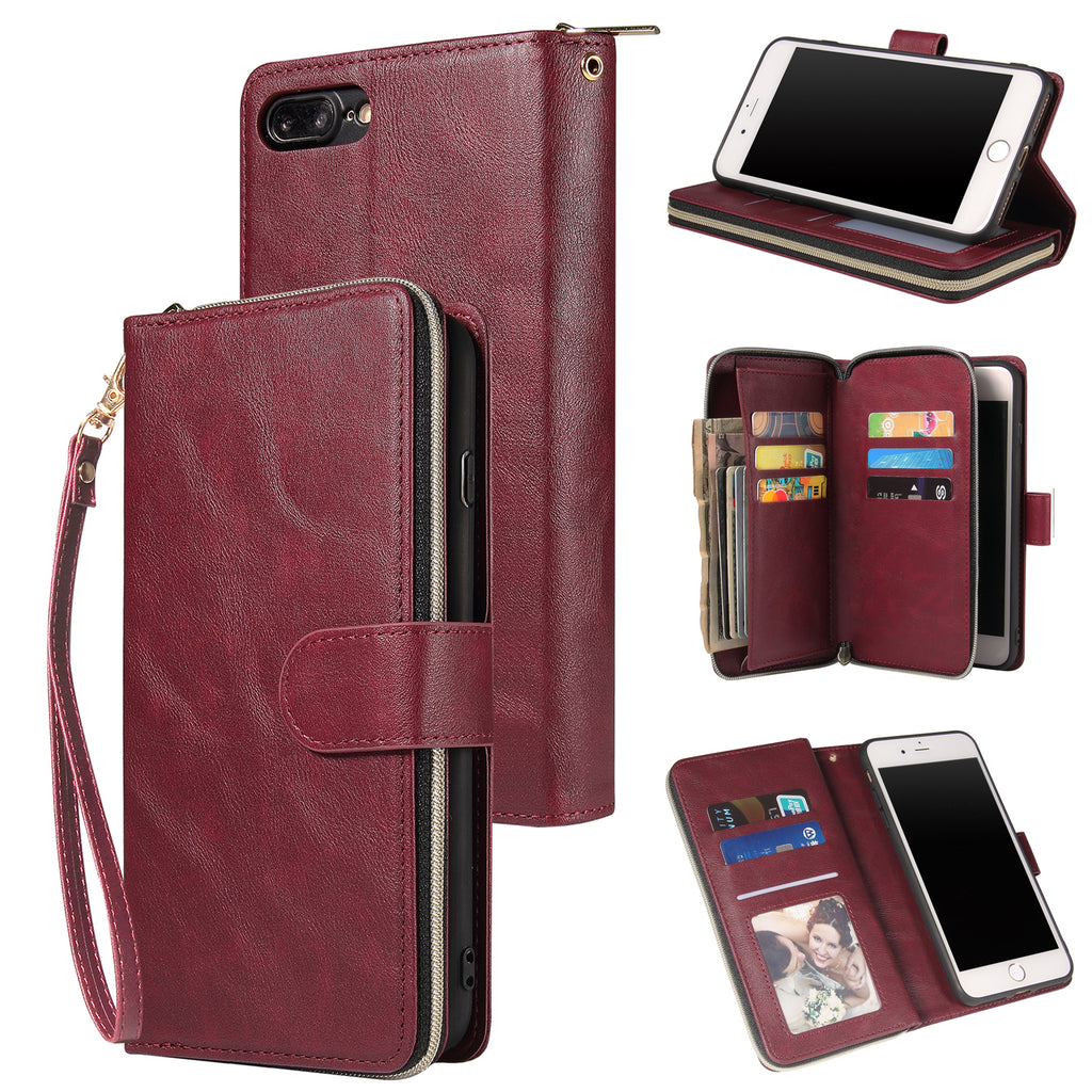 For Iphone 6/6s/6 Plus/6s Plus/7 Plus/8 Plus Pu Leather Mobile Phone Cover Zipper Card Bag + Wrist Strap Red wine