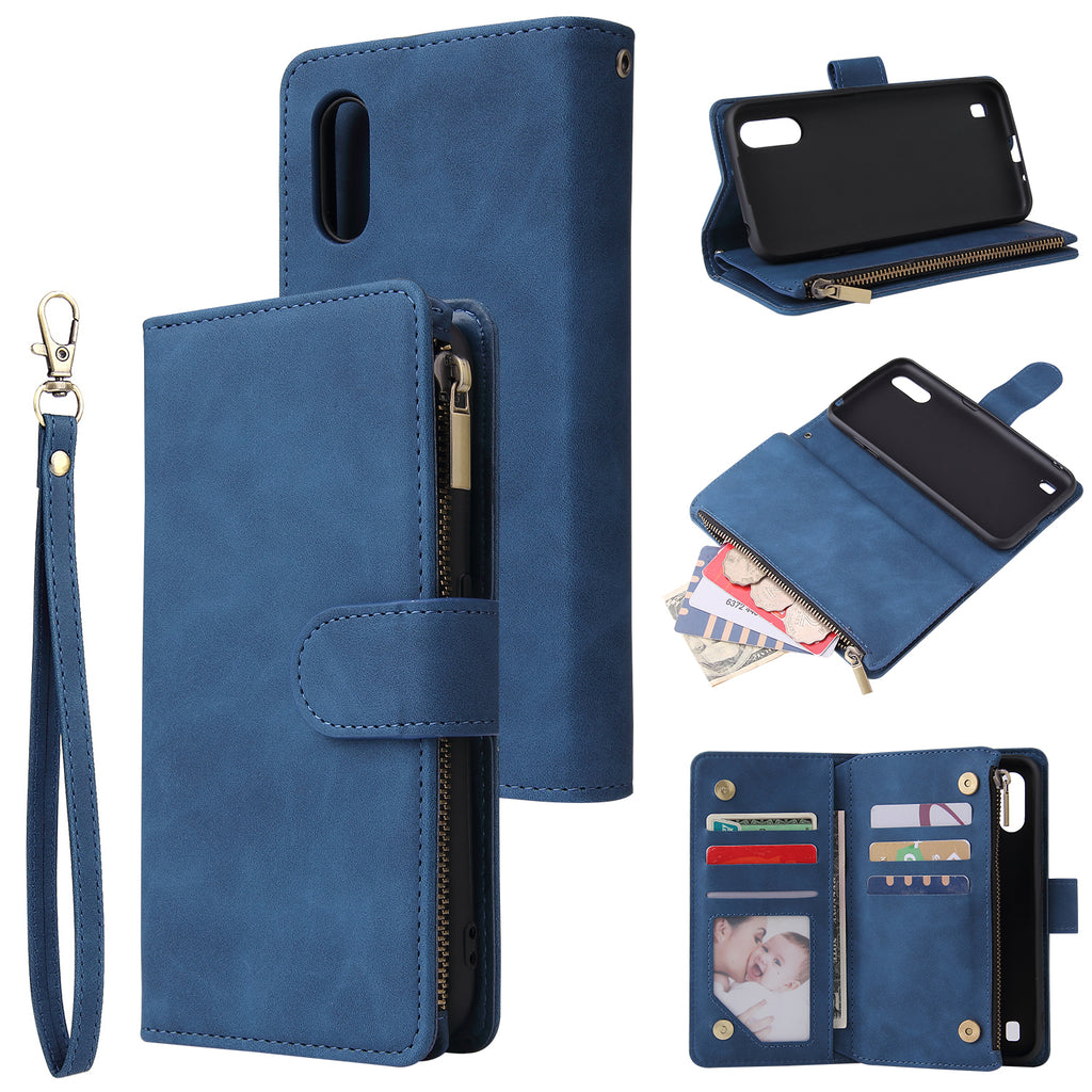 For Samsung A01 Case Smartphone Shell Wallet Design Zipper Closure Overall Protection Cellphone Cover 2 blue