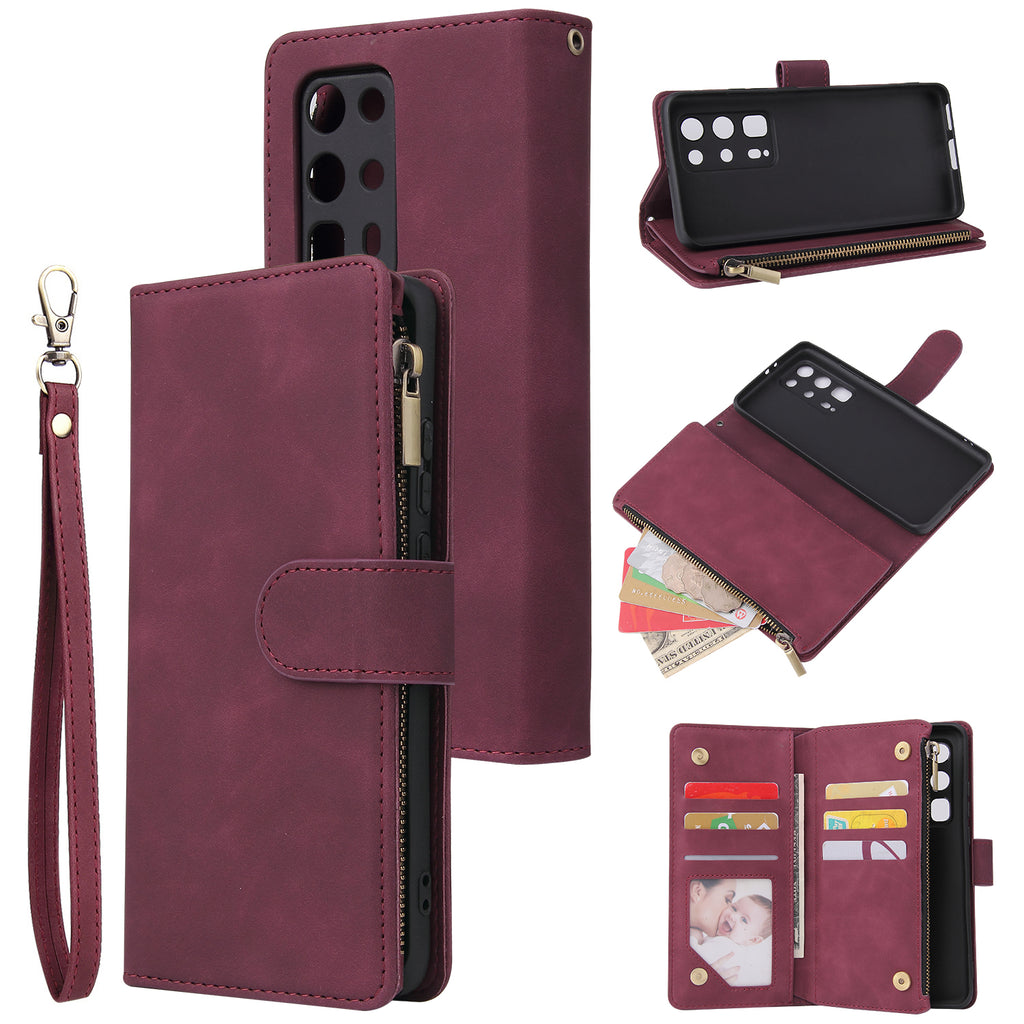 For HUAWEI P40 pro plus Zipper Purse Leather Mobile Phone Cover with Cards Slot Phone Bracket 5 wine red