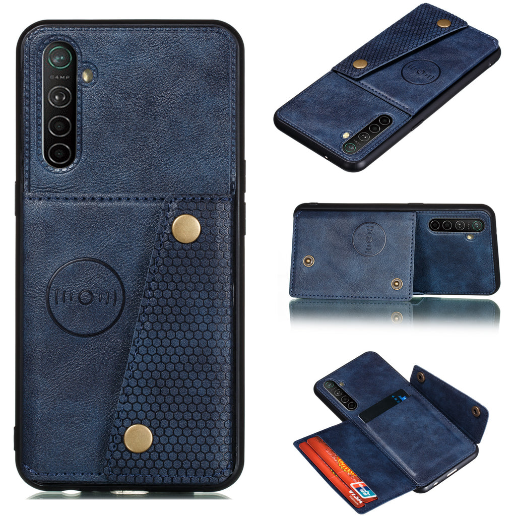 For OPPO A9 2020/Realme XT/Reno 2 Mobile Phone Shell Classic Textured Pattern Buckle Closure Design Anti-fall Smartphone Case blue