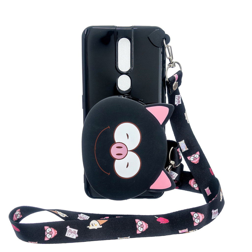 For OPPO F11/F11 Pro Cellphone Case Mobile Phone TPU Shell Shockproof Cover with Cartoon Cat Pig Panda Coin Purse Lovely Shoulder Starp Black