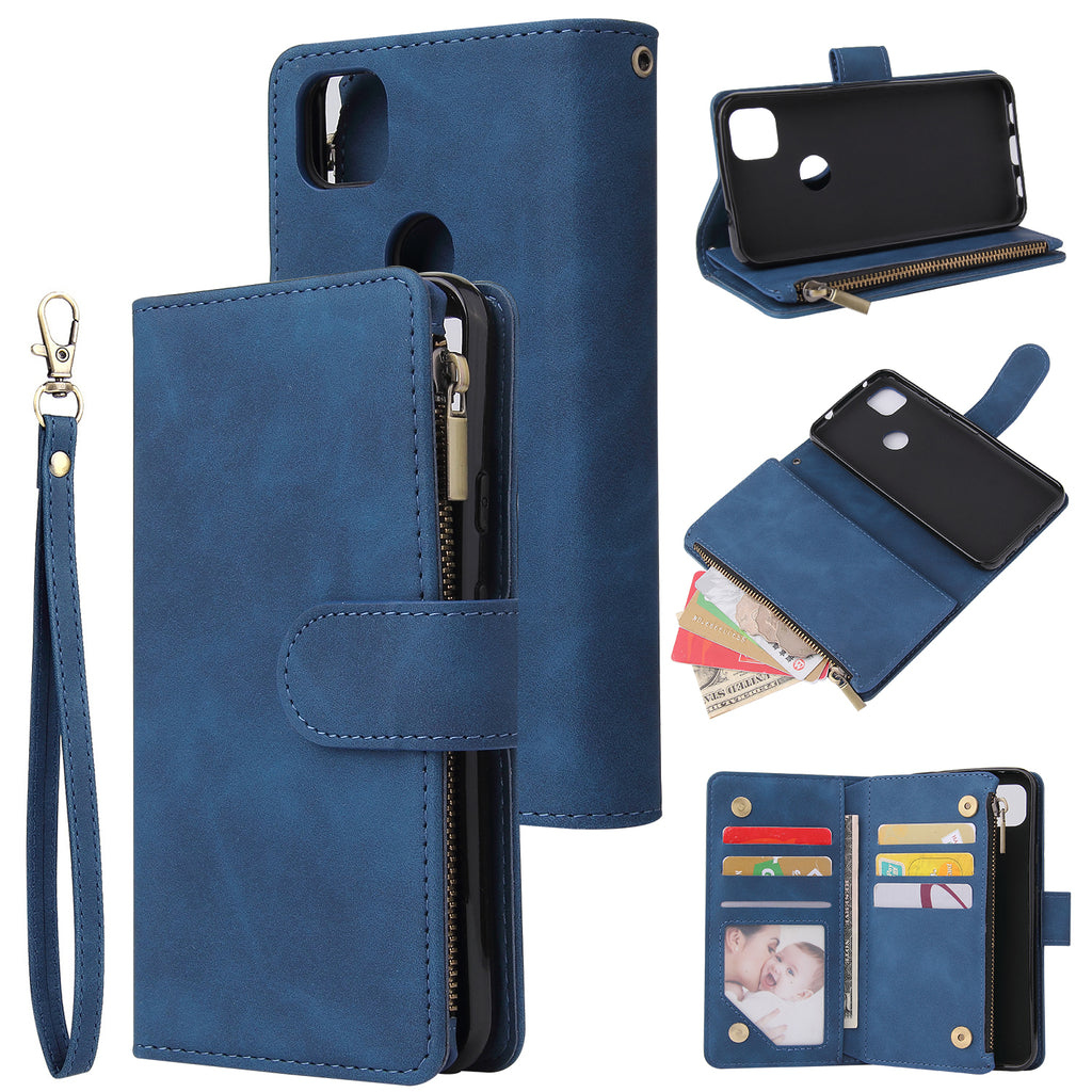For Google Pixel 4A  Leather Mobile Phone Cover with Cards Slot Zipper Purse Phone Bracket 2 blue