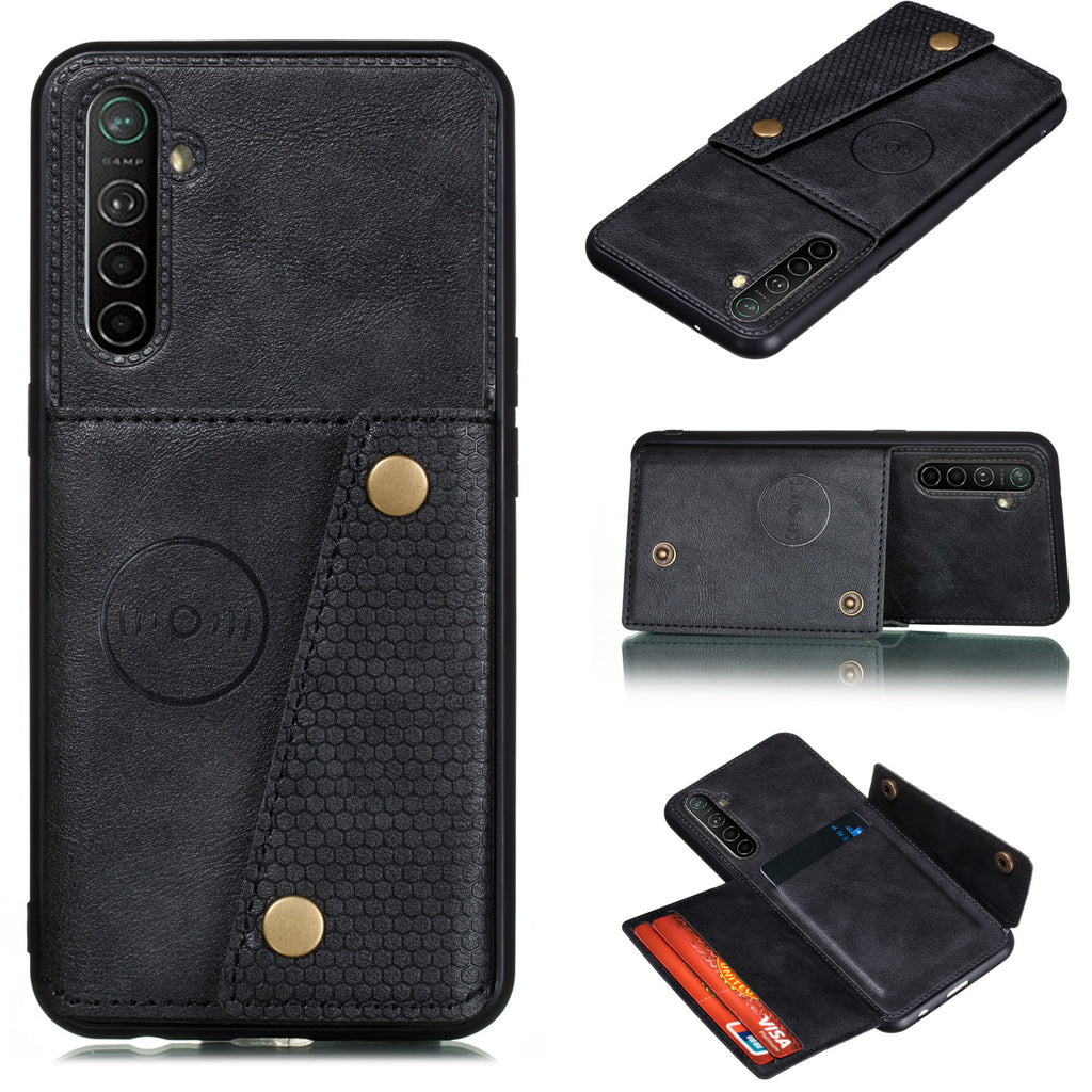 For OPPO A9 2020/Realme XT/Reno 2 Mobile Phone Shell Classic Textured Pattern Buckle Closure Design Anti-fall Smartphone Case black