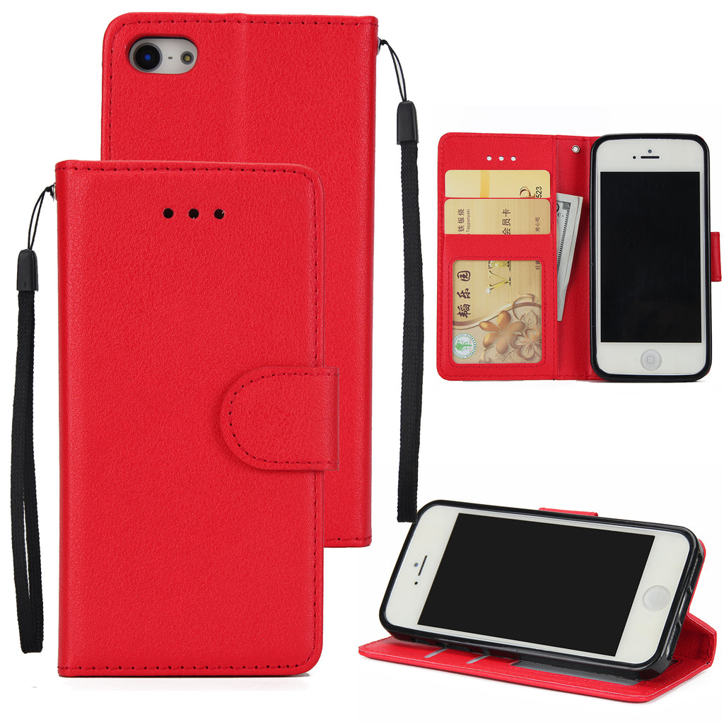 Ultra Slim PU Full Protective Cover Non-slip Shockproof Cell Phone Case with Card Slot for iPhone 5G/5S/5SE red