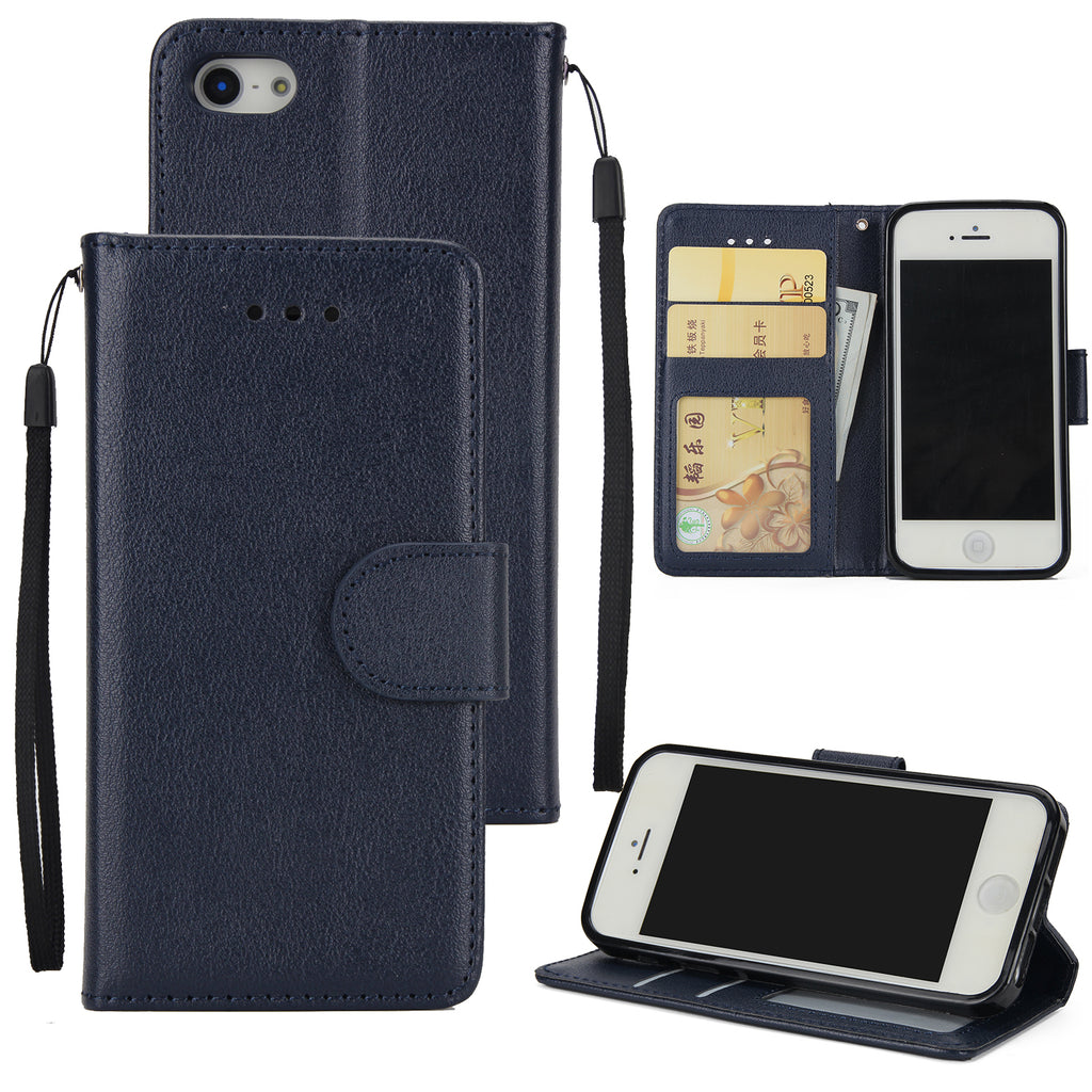 Ultra Slim PU Full Protective Cover Non-slip Shockproof Cell Phone Case with Card Slot for iPhone 5G/5S/5SE blue