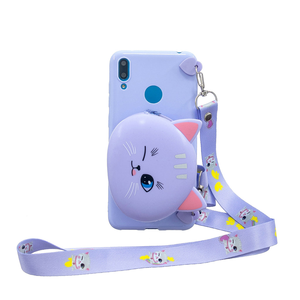 For HUAWEI Y6/Y7 Prime 2019 Cellphone Case Mobile Phone Shell Shockproof TPU Cover with Cartoon Cat Pig Panda Coin Purse Lovely Shoulder Starp Purple