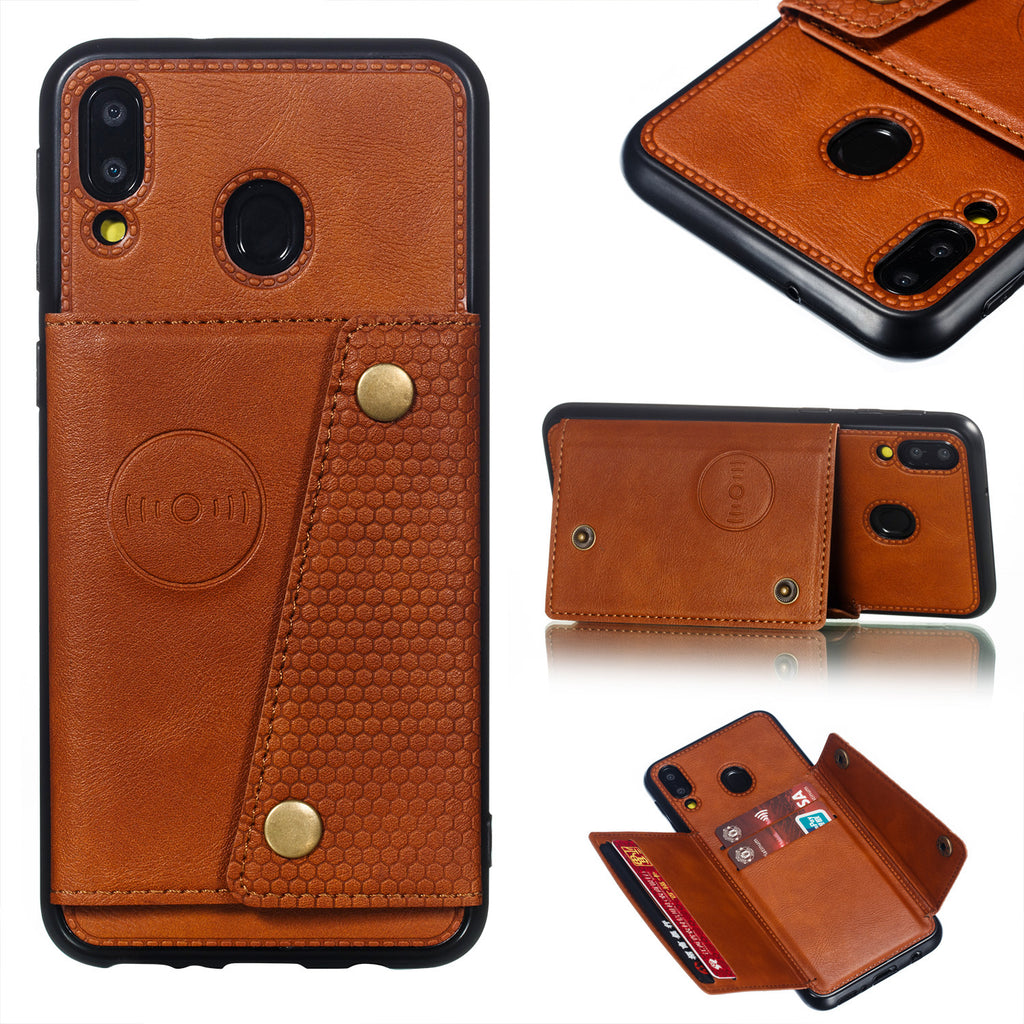 For Samsung M20 Double Buckle Phone Case Protective Cover with Card Holder Bracket Light Brown