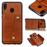 For Samsung M20 Double Buckle Phone Case Protective Cover with Card Holder Bracket Light Brown