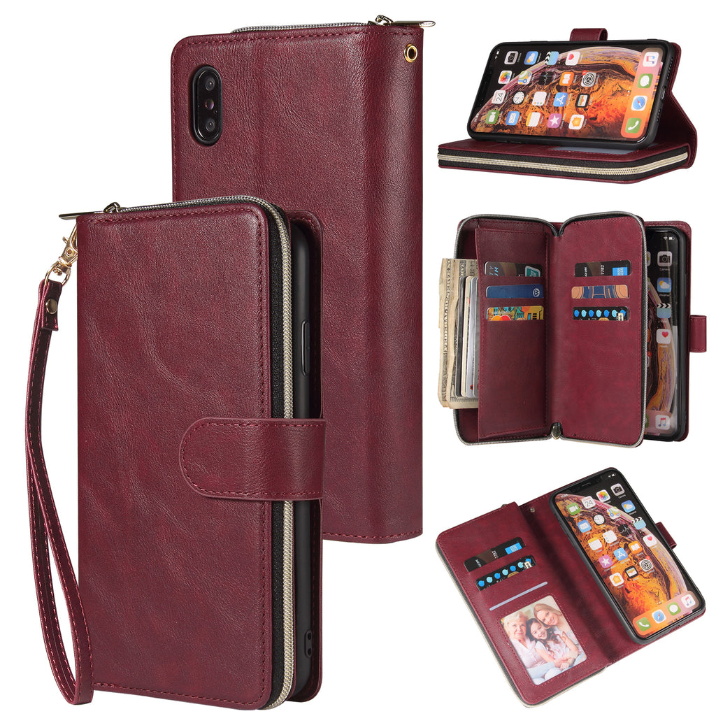 For iphone X/XS/XS MAX/11/11Pro Pu Leather Mobile Phone Cover Zipper Card Bag + Wrist Strap Red wine