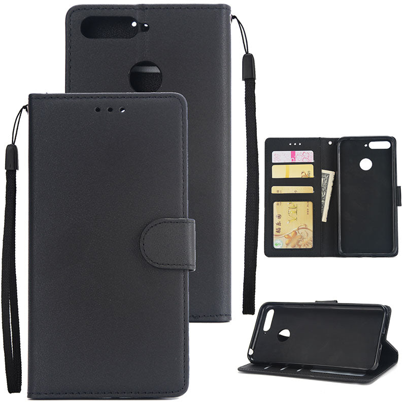PU Leather Smart Phone Case Cover with Buckle & 3 Card Position for Honor 7A/Y6 2018 black