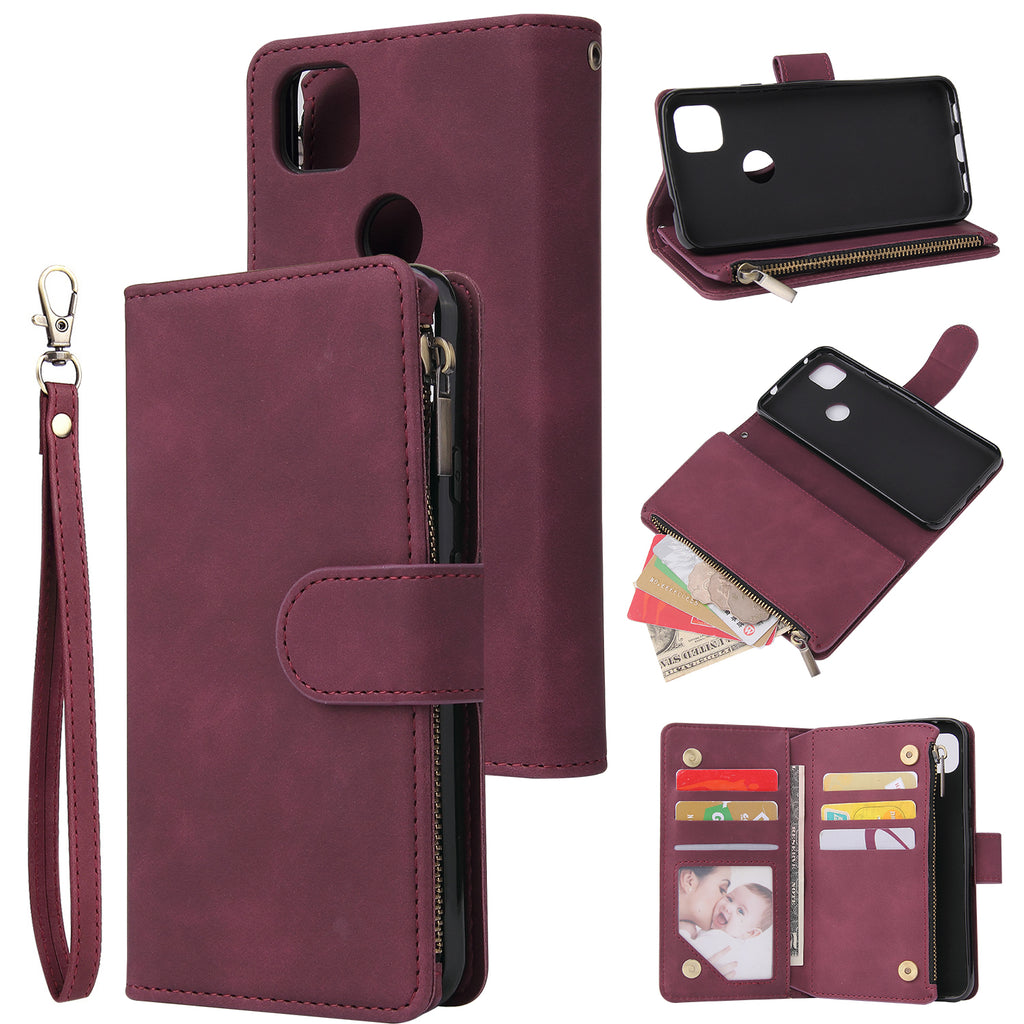 For Google Pixel 4A Leather Mobile Phone Cover with Cards Slot Zipper Purse Phone Bracket 5 wine red