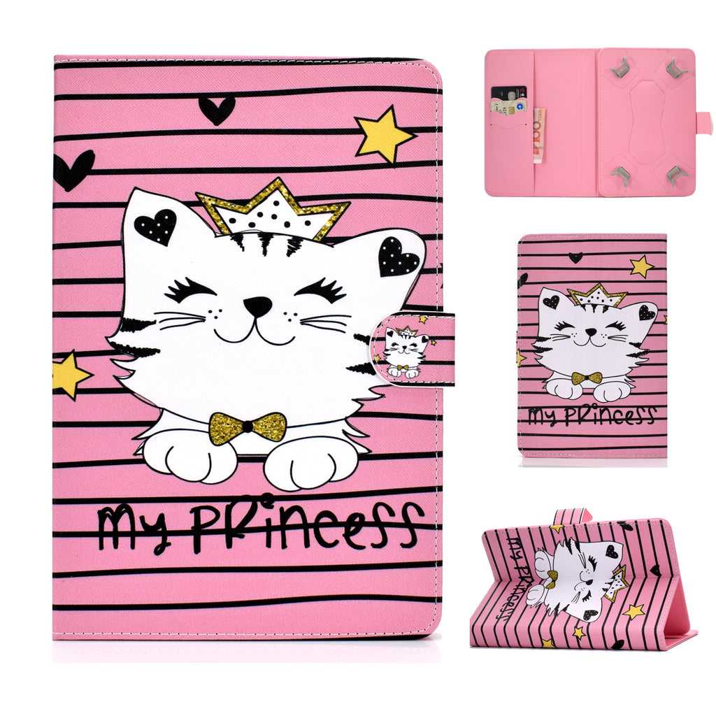 Universal 10Inches Laptop Protective Case with Front Snap Cute Cartoon Color Painted PU Cover Crown cat