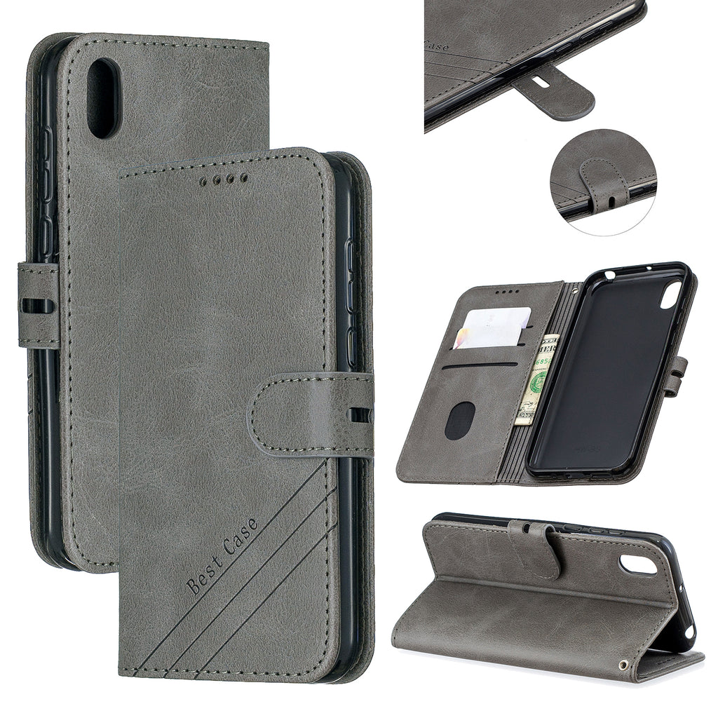 For HUAWEI Y5 2019 Denim Pattern Solid Color Flip Wallet PU Leather Protective Phone Case with Buckle & Bracket gray