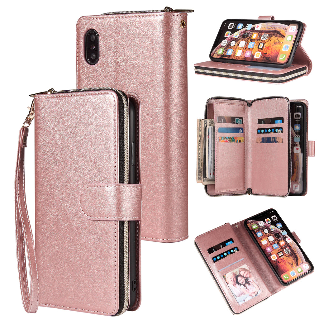 For iphone X/XS/XS MAX/11/11Pro Pu Leather Mobile Phone Cover Zipper Card Bag + Wrist Strap Rose gold