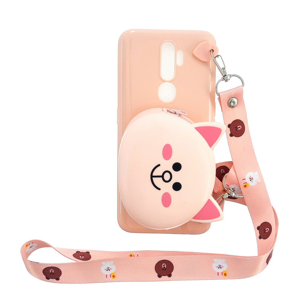 For OPPO A83/A9 2020 Cellphone Case Mobile Phone TPU Shell Shockproof Cover with Cartoon Cat Pig Panda Coin Purse Lovely Shoulder Starp Pink