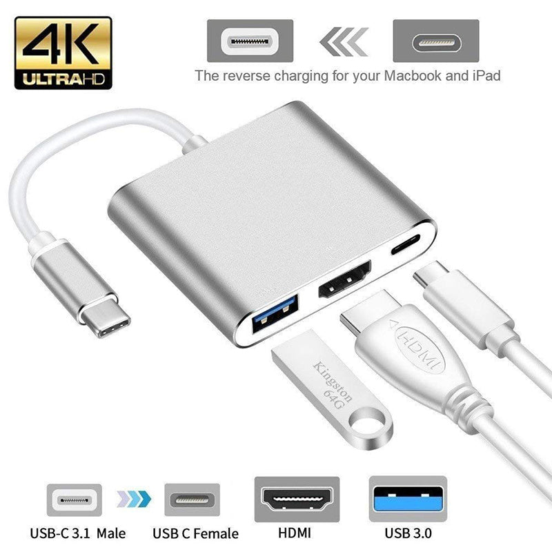 USB Type C Hub HDMI 4K Adapter USB-C to Converter with 3.0 USB and 3.1 Charging Port for Retina MacBook Silver