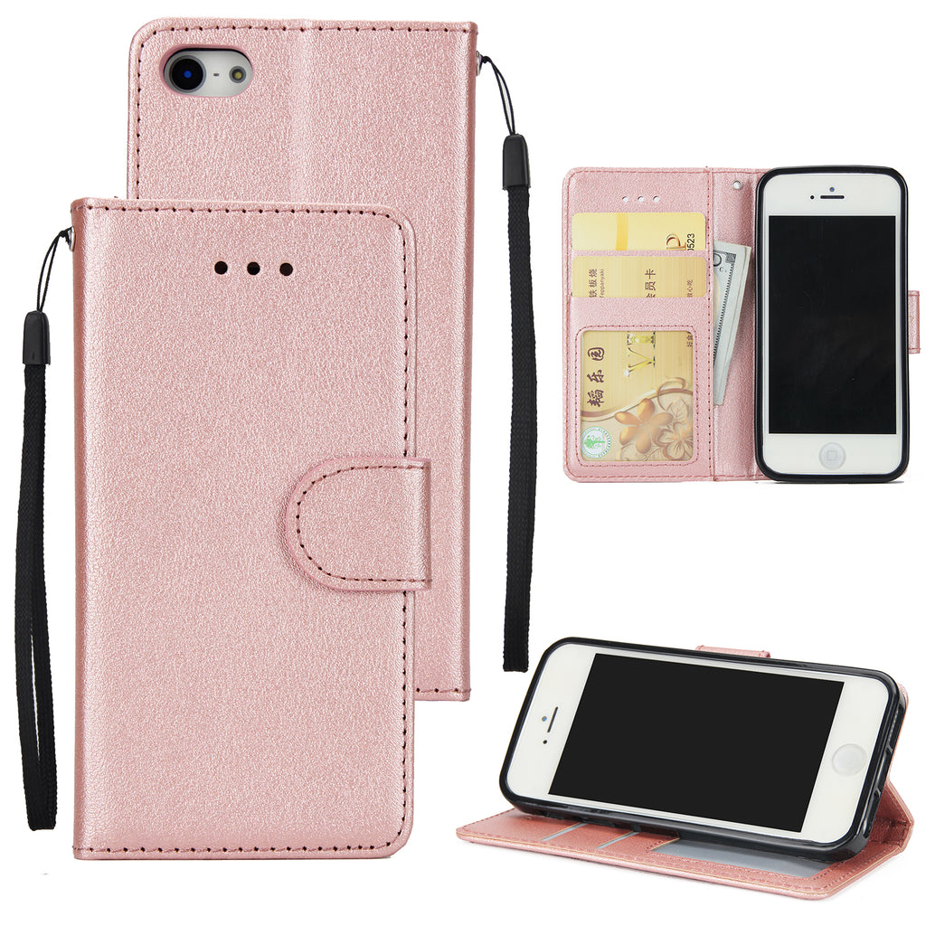 Ultra Slim PU Full Protective Cover Non-slip Shockproof Cell Phone Case with Card Slot for iPhone 5G/5S/5SE Rose gold