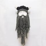 Funny Crazy Halloween Cosplay Men Knit Viking Beard Horn Hat Ski Mask Cap Barbarian Vagabond Cool Beanie Winter Warm Unisex Hat Brown_Free size
