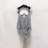 Funny Crazy Halloween Cosplay Men Knit Viking Beard Horn Hat Ski Mask Cap Barbarian Vagabond Cool Beanie Winter Warm Unisex Hat Brown_Free size