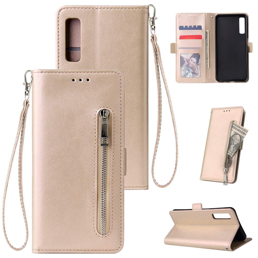 For Samsung A7 2018-A750 Solid Color PU Leather Zipper Wallet Double Buckle Protective Case with Stand & Lanyard gold