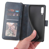 For Samsung A10/A20/A30/A50/A30S/A50S Pu Leather  Mobile Phone Cover Zipper Card Bag + Wrist Strap blue