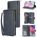 For Samsung A10/A20/A30/A50/A30S/A50S Pu Leather  Mobile Phone Cover Zipper Card Bag + Wrist Strap blue