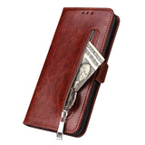 For Samsung A50 Solid Color PU Leather Zipper Wallet Double Buckle Protective Case with Stand & Lanyard brown