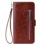 For Samsung A50 Solid Color PU Leather Zipper Wallet Double Buckle Protective Case with Stand & Lanyard brown
