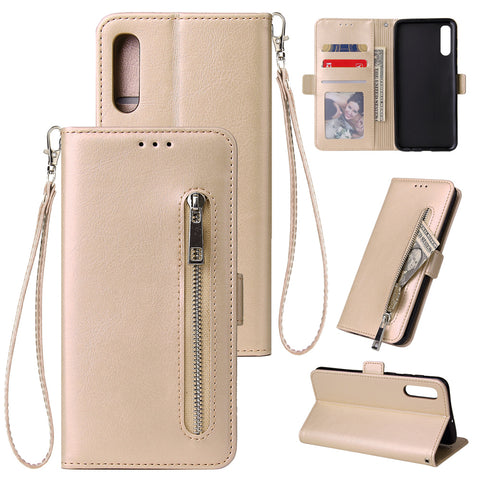 For Samsung A50 Solid Color PU Leather Zipper Wallet Double Buckle Protective Case with Stand & Lanyard gold