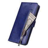 For Samsung A50 Solid Color PU Leather Zipper Wallet Double Buckle Protective Case with Stand & Lanyard brown