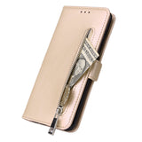 For Samsung A50 Solid Color PU Leather Zipper Wallet Double Buckle Protective Case with Stand & Lanyard gold