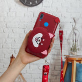 For HUAWEI Y6/Y7 Prime 2019 Cellphone Case Mobile Phone Shell Shockproof TPU Cover with Cartoon Cat Pig Panda Coin Purse Lovely Shoulder Starp  Red