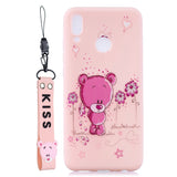 For HUAWEI Y9 2019 Cartoon Lovely Coloured Painted Soft TPU Back Cover Non-slip Shockproof Full Protective Case with Lanyard Light pink