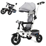 Kids Tricycle，Kids Folding Steer Stroller with Rotatable Seat, Adjustable Push Handle & Canopy, Safety Harness, Storage Bag
