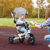 Kids Tricycle，Kids Folding Steer Stroller with Rotatable Seat, Adjustable Push Handle & Canopy, Safety Harness, Storage Bag