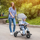 Kids Tricycle，Kids Folding Steer Stroller with Rotatable Seat, Adjustable Push Handle & Canopy, Safety Harness, Storage Bag