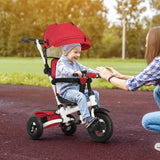 Kids Tricycle，Kids Folding Steer Stroller with Rotatable Seat, Adjustable Push Handle & Canopy, Safety Harness, Storage Bag