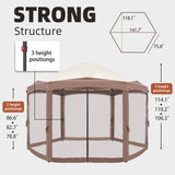 Khaki Top Fabric, Dark Brown Edge, White Bracket, Hexagonal Arc Top Folding Shed, 6 Veils And Net Cloth, With Black Bag, Folding Shed