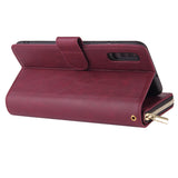 For Samsung A10/A20/A30/A50/A30S/A50S Pu Leather  Mobile Phone Cover Zipper Card Bag + Wrist Strap Red wine